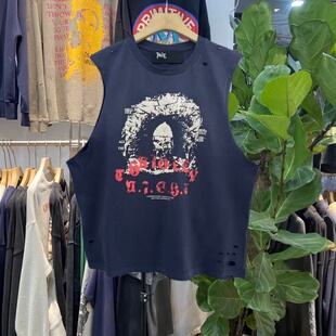 档口实拍 美式复古骷髅数字11印花背心男女宽松洗水做旧坎肩潮牌