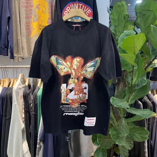 档口实拍 美式复古高街数字印花短袖T恤男女宽松圆领洗水做旧上衣