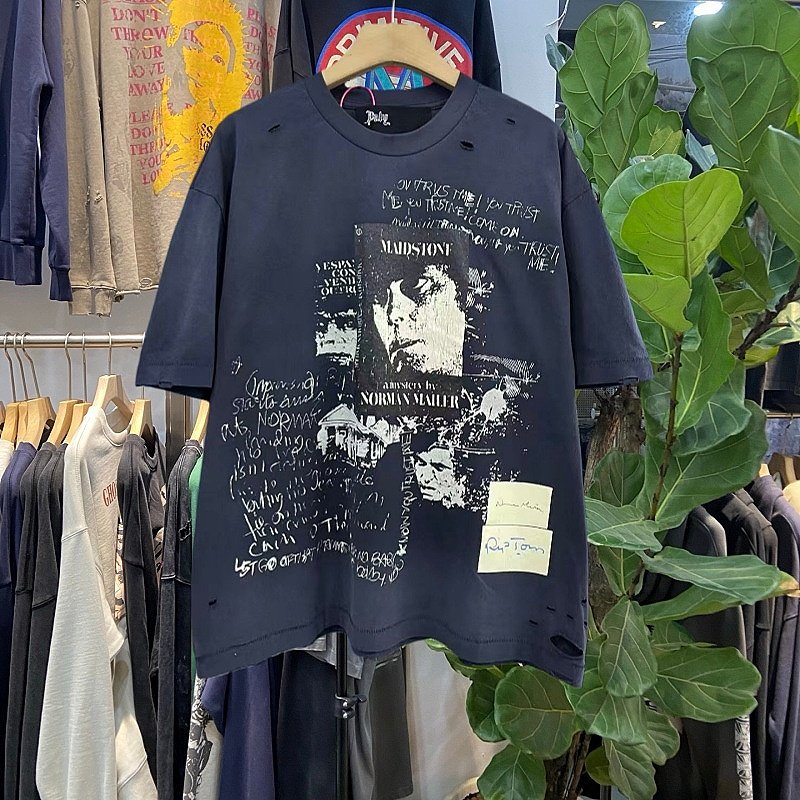 美式复古人物做旧摇滚标语T恤