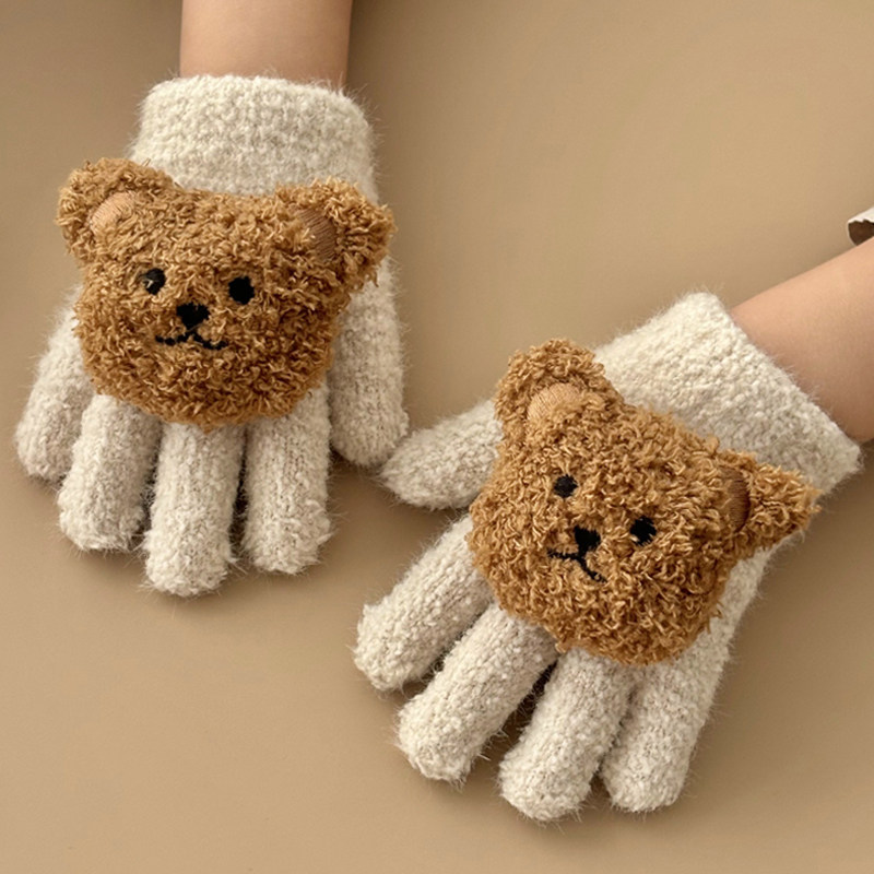 小熊宝宝手套冬天保暖毛绒儿童五指秋冬季护手男童女童户外出游潮