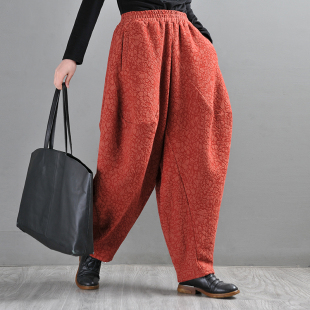 易见25春季新款文艺宽松大码吊裆哈伦裤女提花亚麻休闲灯笼裤长裤