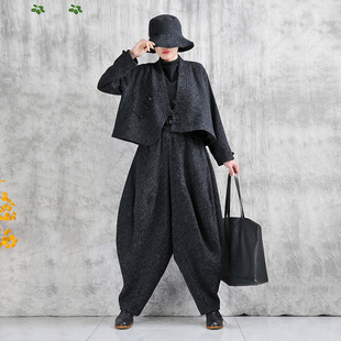 易见春秋冬新款民族风棉麻复古休闲宽松显瘦两件套时尚外套裤子
