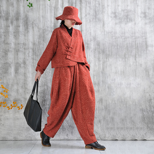 易见2023秋冬新款文艺宽松民族风短款小外套休闲灯笼裤棉麻套装女