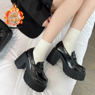 冬季英伦风厚底乐福鞋女高跟粗跟小皮鞋加绒保暖增高单鞋jk制服鞋