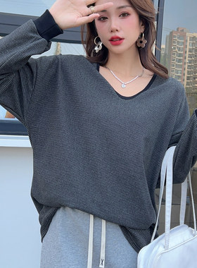长袖T恤加厚德绒条纹中长款女