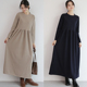 秋冬季 长裙女纯色圆领宽松大裙摆过膝高腰连衣裙 气质长袖 韩版 新款