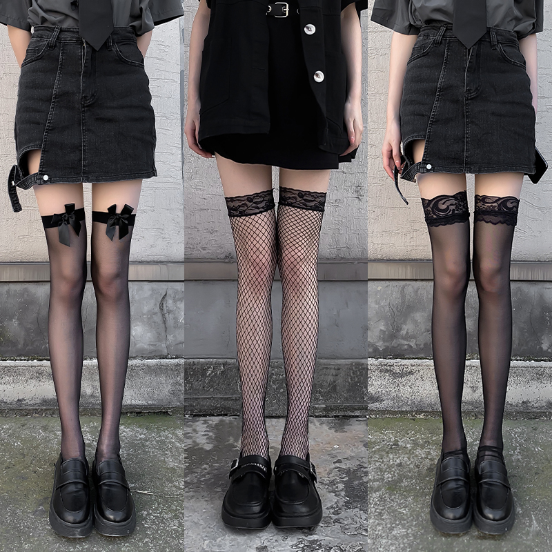 渔网袜JK黑色性感过膝长筒中筒袜暗黑黑丝女薄蕾丝袜镂空袜子