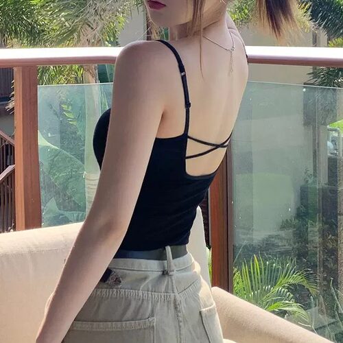 美式黑色美背吊带背心带胸垫