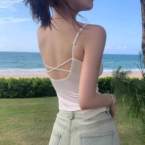 SEMISWEET美背交叉吊带背心女夏外穿带胸垫内搭白色穿搭性感上衣