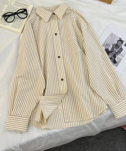 春秋夏新款雪纺条纹衬衫女插肩袖肌理感衬衣长袖宽松百搭复古上衣