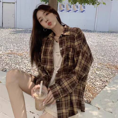 春季港味复古格子防晒衬衫女