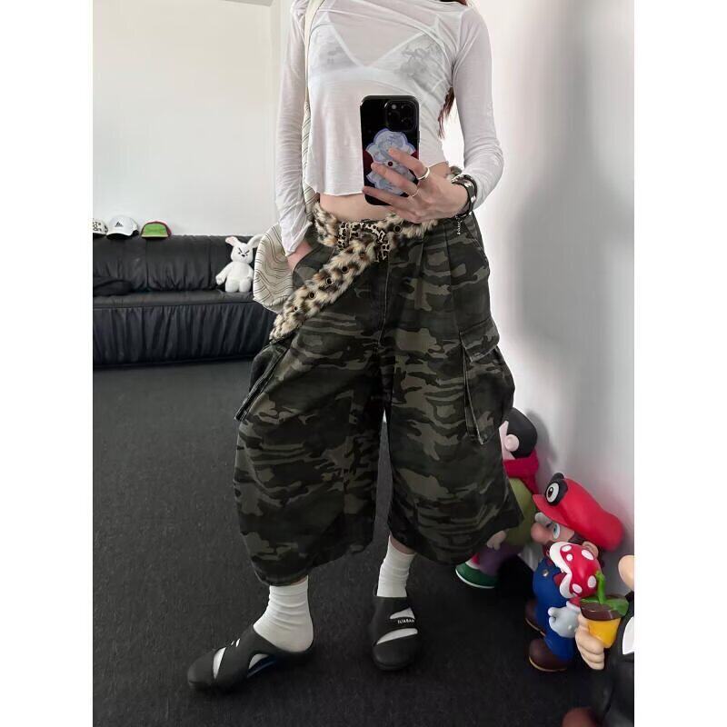 大码美式复古迷彩微喇工装牛仔裤男女街头宽松直筒阔腿七分短裤潮