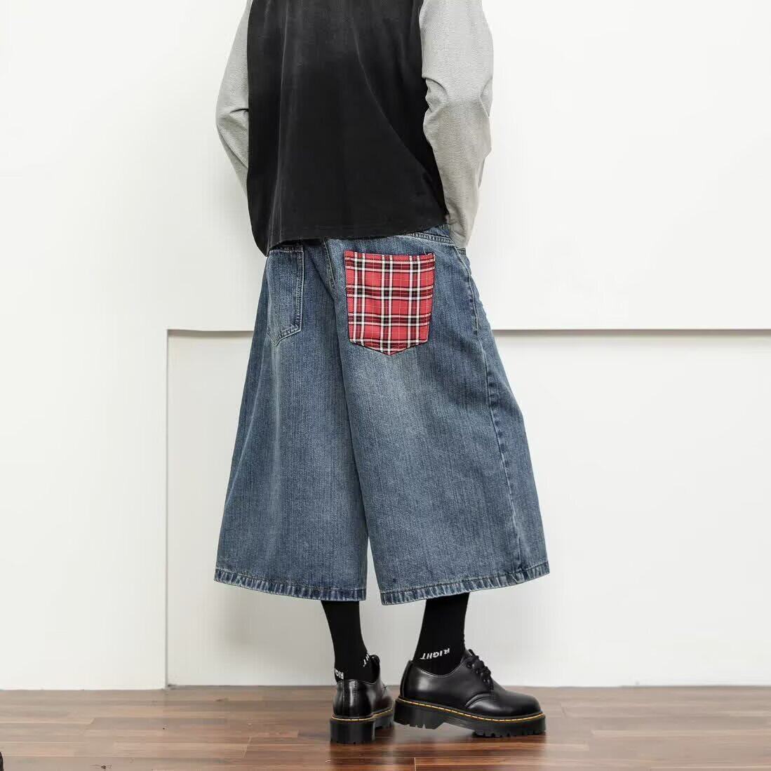 美式格子拼接卷边牛仔裤男女潮牌休闲阔腿裤子垂坠感直筒情侣长裤