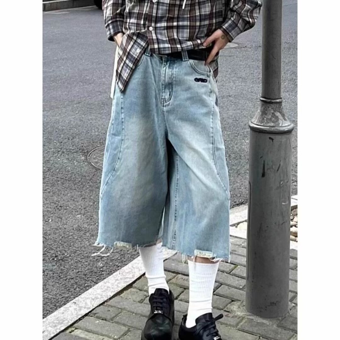 复古水洗波浪解构七分牛仔裤男女设计感流苏毛边阔腿宽松休闲短裤
