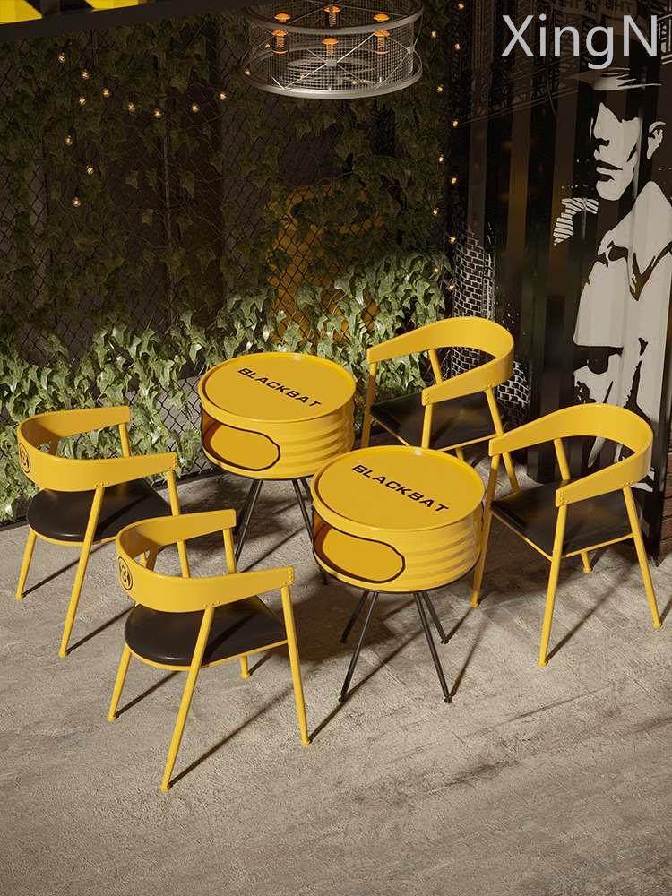 奶茶店桌椅组合网红铁艺汉堡甜品店户外创意咖啡厅外摆工业风桌椅