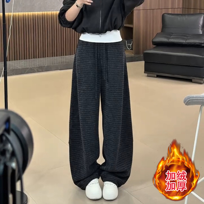 加绒加厚毛呢条纹阔腿裤女弯刀裤