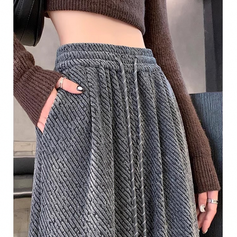 加绒斜条纹亮丝雪尼尔阔腿裤女冬