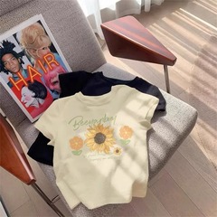女童短袖t恤奶杏色向日葵印花正肩纯棉夏季2024新款儿童上衣宽松