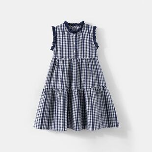 女童夏连衣裙2026新款纯棉布格子背心裙子女大童女孩薄款公主裙
