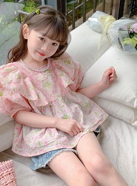 女童装短袖t恤夏装2025新款碎花雪纺衫洋气儿童女孩夏季半袖上衣