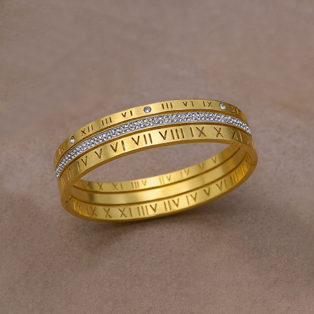 NVOXS优雅的不锈钢手镯带有罗马数字和水钻高级感镀不掉色手饰品