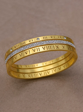NVOXS优雅的不锈钢手镯带有罗马数字和水钻高级感镀不掉色手饰品