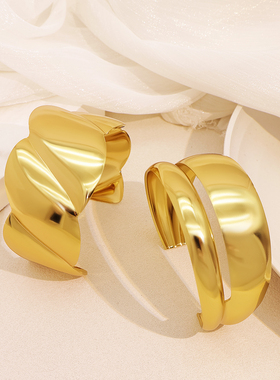 复古极简不对称金色不锈钢手镯个性化夸张简化几何抽象设计手镯