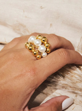 多层镶珍珠开口指环不锈钢饰品