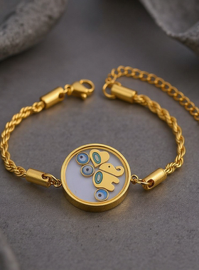 NVOXS复古气质个性圆牌大象眼睛钢手链麻花l链镀金不锈钢手链女