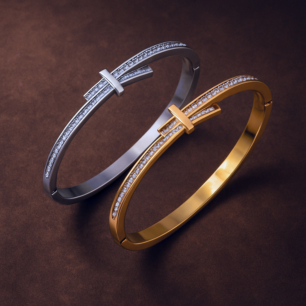 NVOXS蝴蝶结设计满排钻钛钢手镯扭结不锈钢手环适合女士日常佩戴