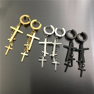 韩版黑色耳钉长款十字架耳环霸气男女爆款个性气质防过敏耳扣单只