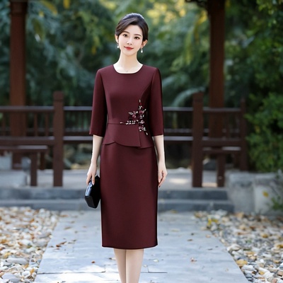结婚喜妈妈婚宴礼服年轻显瘦高贵大气旗袍喜婆婆敬酒服大码连衣裙