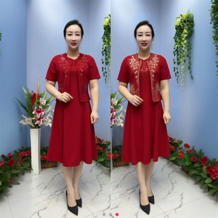 夏季短袖婚礼妈妈礼服喜婆婆婚宴敬酒服大码旗袍裙套装两件套