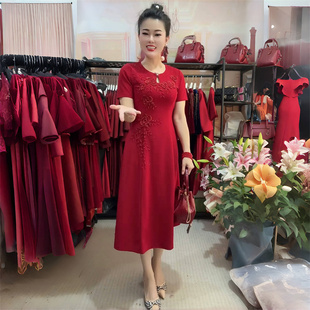 夏季高端短袖妈妈婚礼中式国风连衣裙喜婆婆婚宴装红色中长旗袍裙