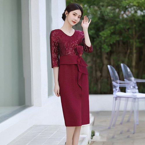 时尚礼服洋气年轻小个子妈妈装亮片大码高贵喜服喜婆婆旗袍连衣裙