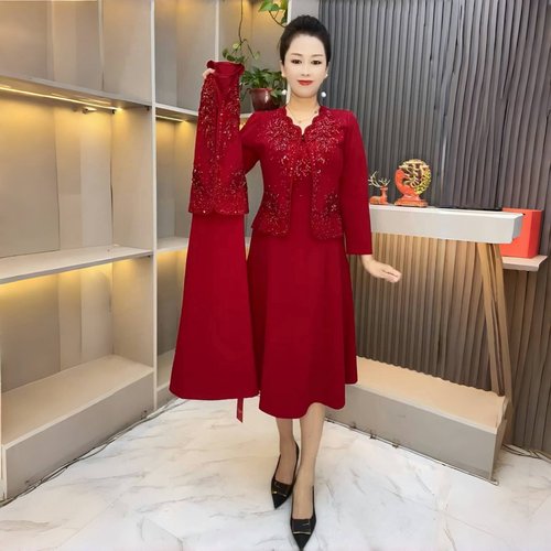 高端洋气婚礼服喜婆婆婚宴旗袍妈妈装两件套中年气质丈母娘连衣裙
