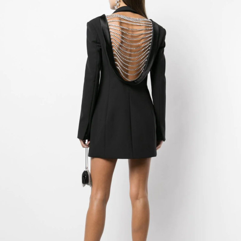 流苏水钻装饰露背小众西装外套女中长款2026新时髦修身西服连衣裙