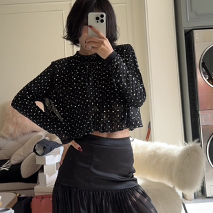 重工高级感镶钻钉珠套头小衫春夏女装新款韩版宽松褶皱长袖短上衣