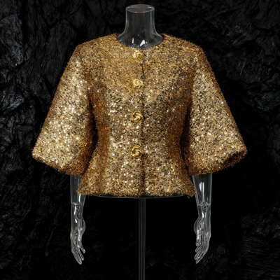 精致重工亮片金属纽扣短外套小香风收腰圆领灯笼袖女装春秋上衣女