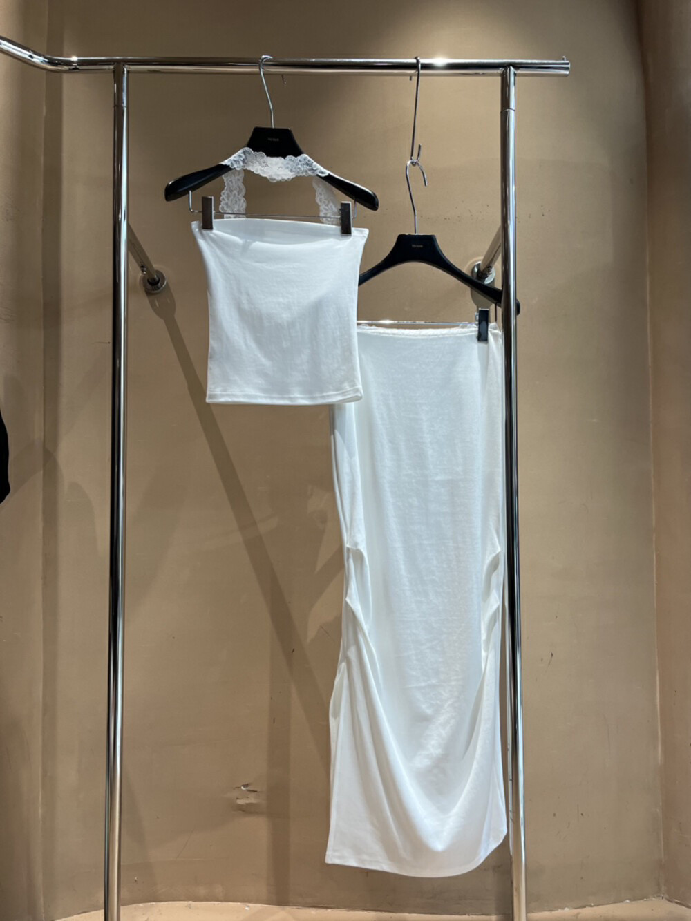 夏季套装裙蕾丝挂脖修身抹胸弹力针织上衣长款半身低腰裙两件套女