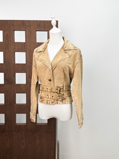 大翻驳领做旧水洗土黄色牛仔外套女双扣腰带嬉皮式复古夹克上衣女