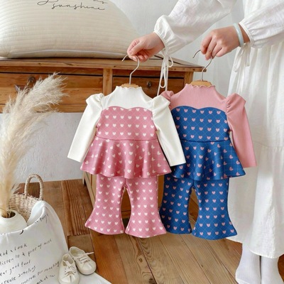 女童运动套装春秋洋气儿童网红时髦秋装爱心印花泡泡袖休闲两件套