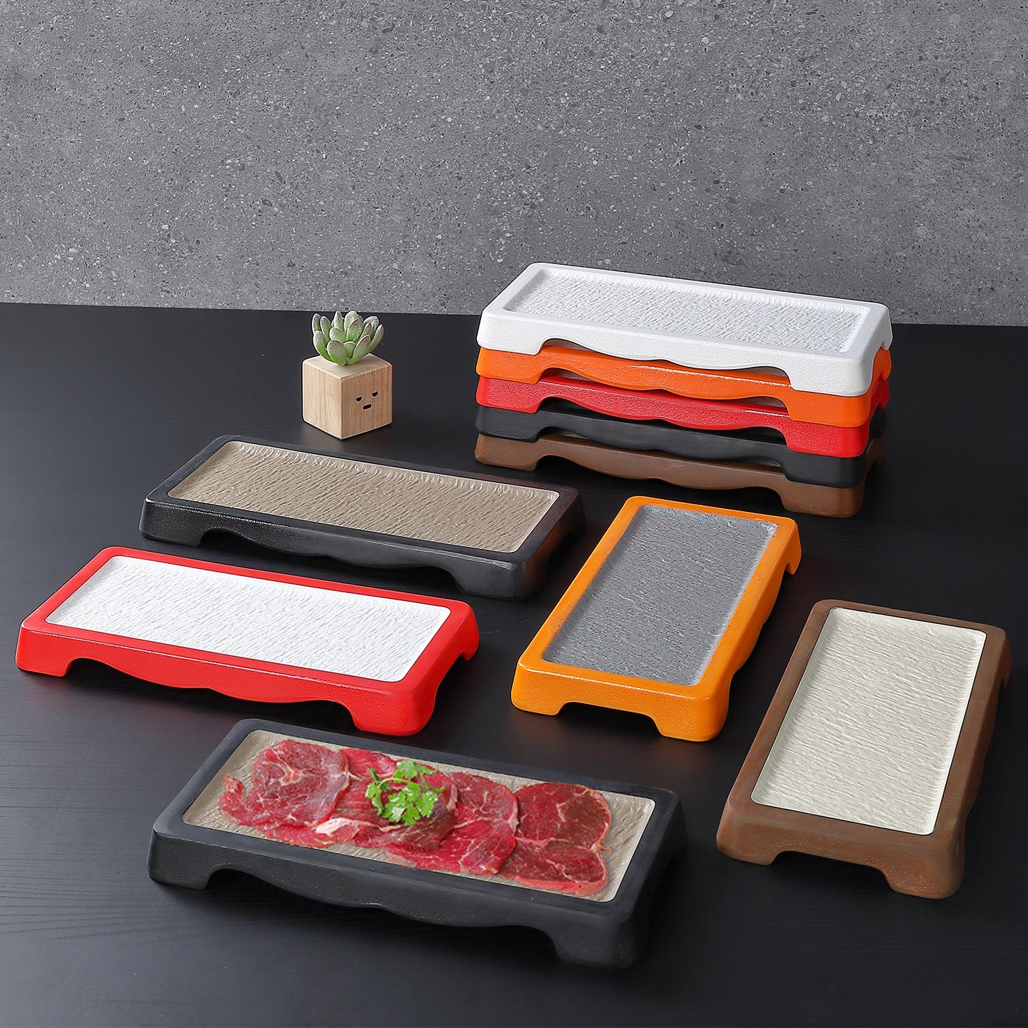 密胺石纹餐具瓷火锅店盘子潮汕鲜切牛肉餐盘长方形可叠加涮肉盘