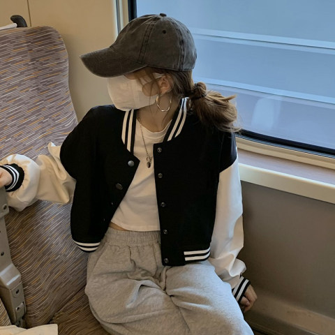 撞色棒球服外套女2025新款秋季设计感小众宽松休闲学生上衣服