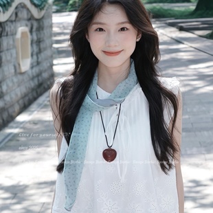 森系薄荷绿碎花波点丝巾高级感气质文艺长条飘带系脖领巾方巾围巾