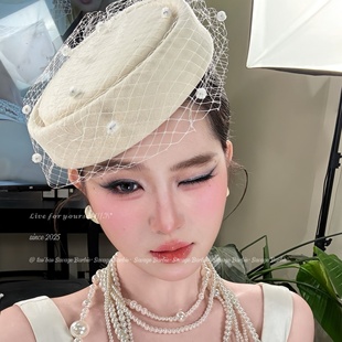 法式复古英伦风白色网纱贝雷帽日系赫本风民国千金名媛面纱帽子女