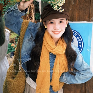 森系文艺气质姜黄色棉麻褶皱围巾云南大理旅游氛围感显白拍照丝巾