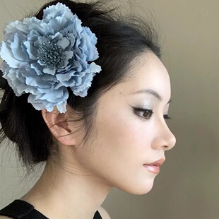 新中式蓝色牡丹花朵发夹女氛围感纯欲仿真花侧边夹度假风头花头饰