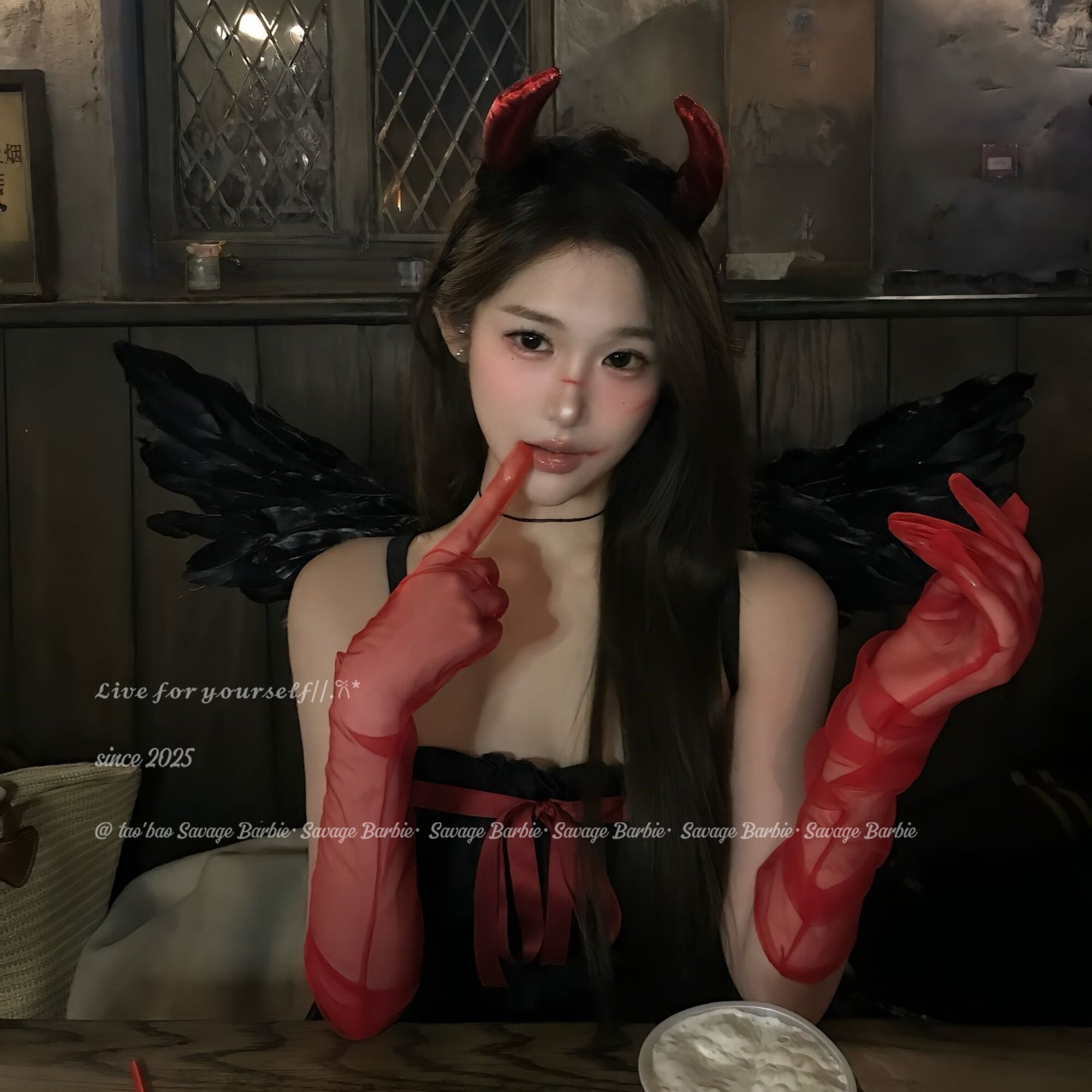 万圣节红色小恶魔牛角发箍哥特风暗黑cos搞怪头箍氛围感拍照发饰