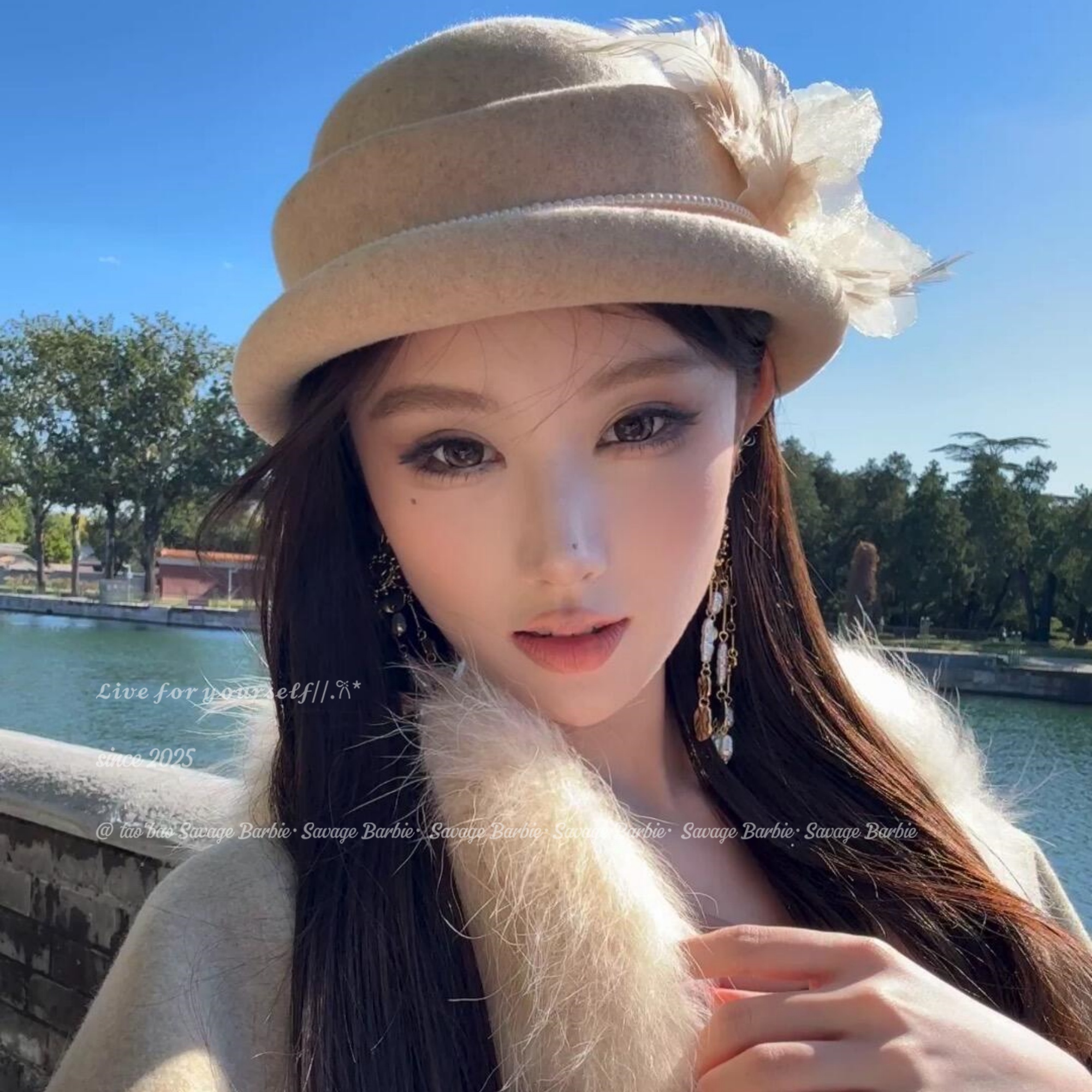 法式复古羽毛花朵卷边珍珠礼帽赫本风轻奢羊毛呢贝雷帽2025新款女